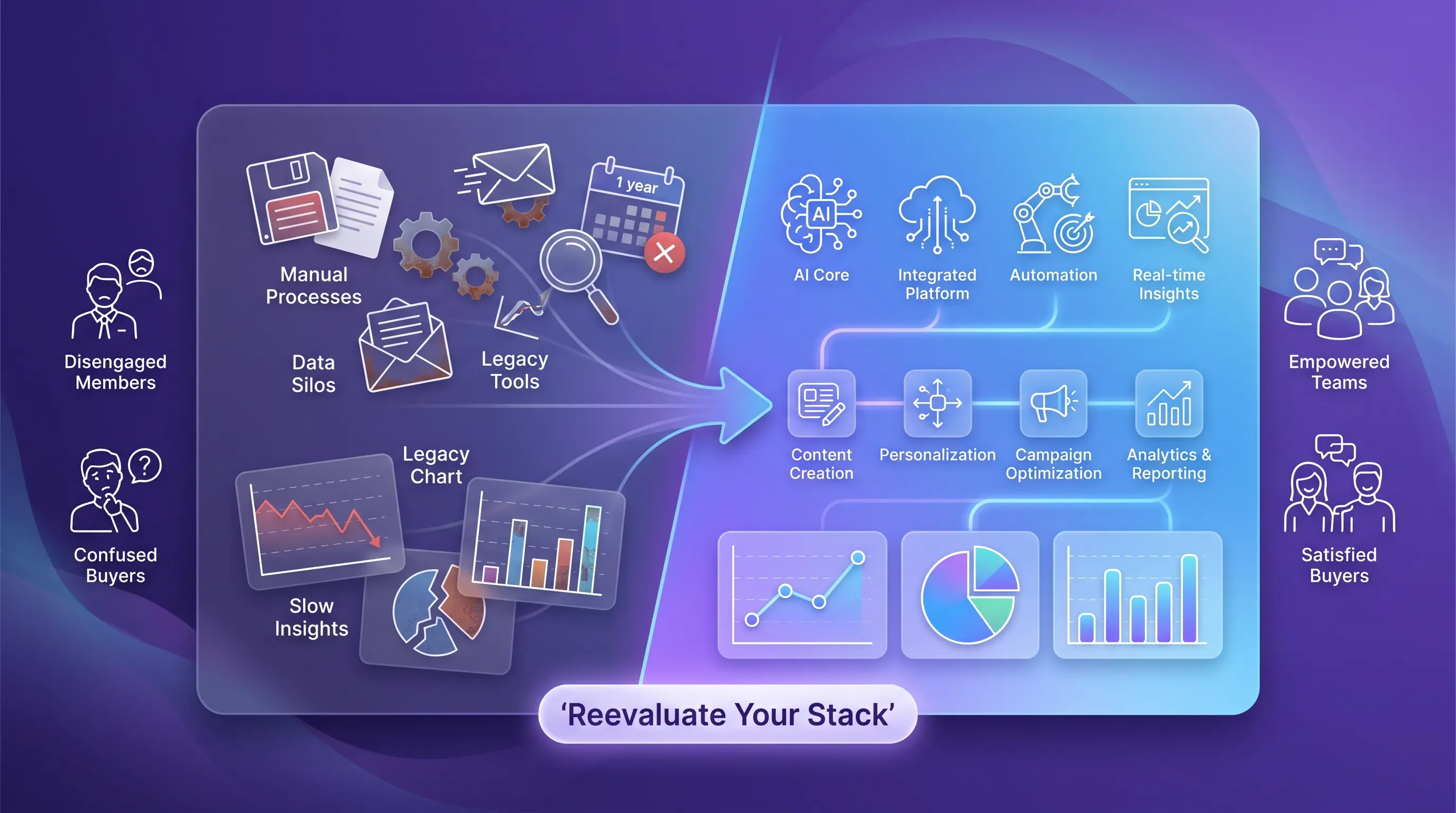 A split layout illustration contrasting outdated marketing tools with modern AI solutions, featuring a deep purple gradient background.