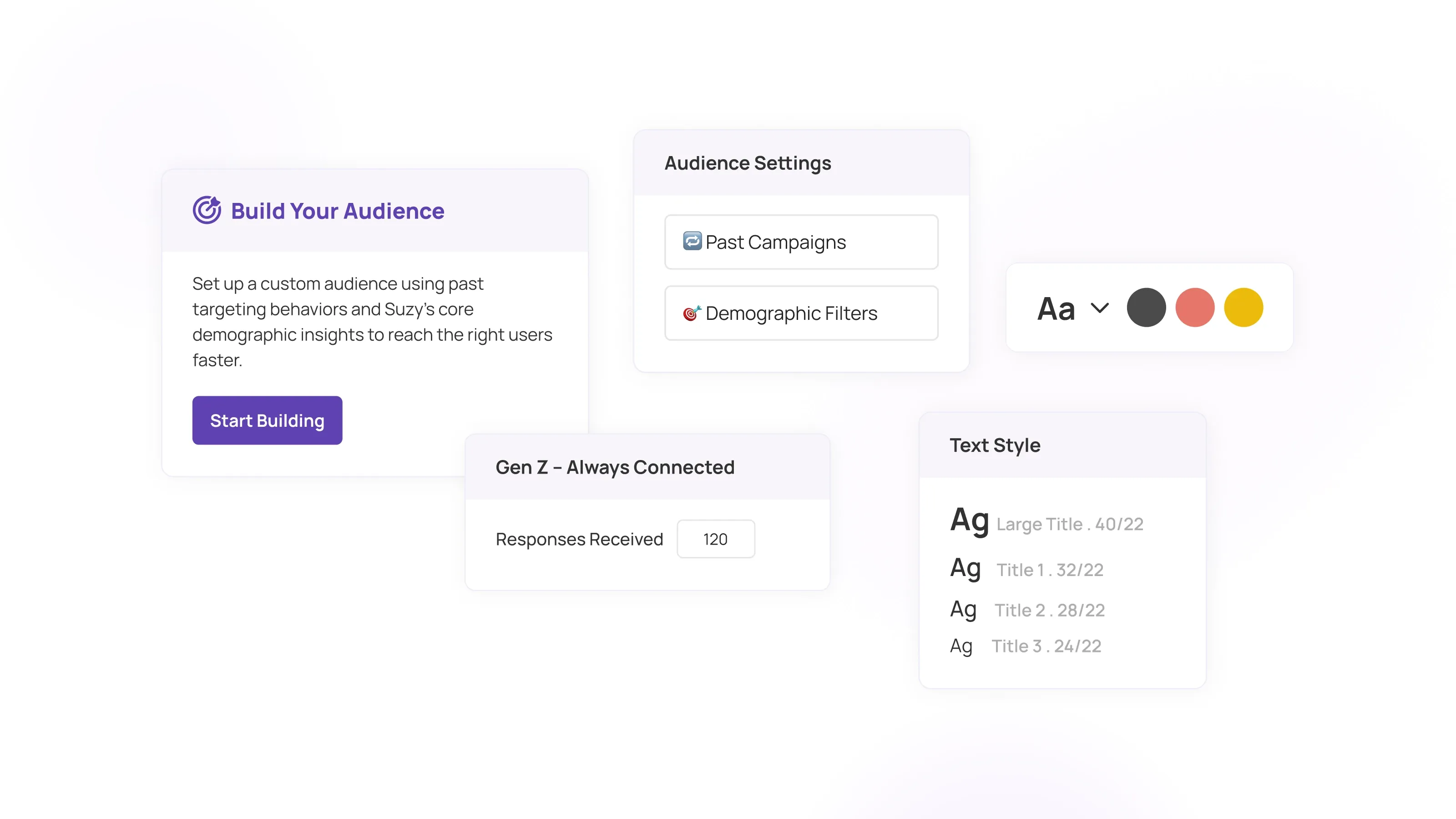 Audience targeting and style guide dashboard showing demographic filters, past campaigns, Gen Z insights, and text styles for building a consistent brand identity.