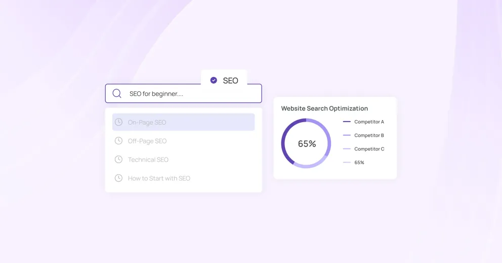 Comparison of SEO strategies and website search optimization with search bar and analytics chart.