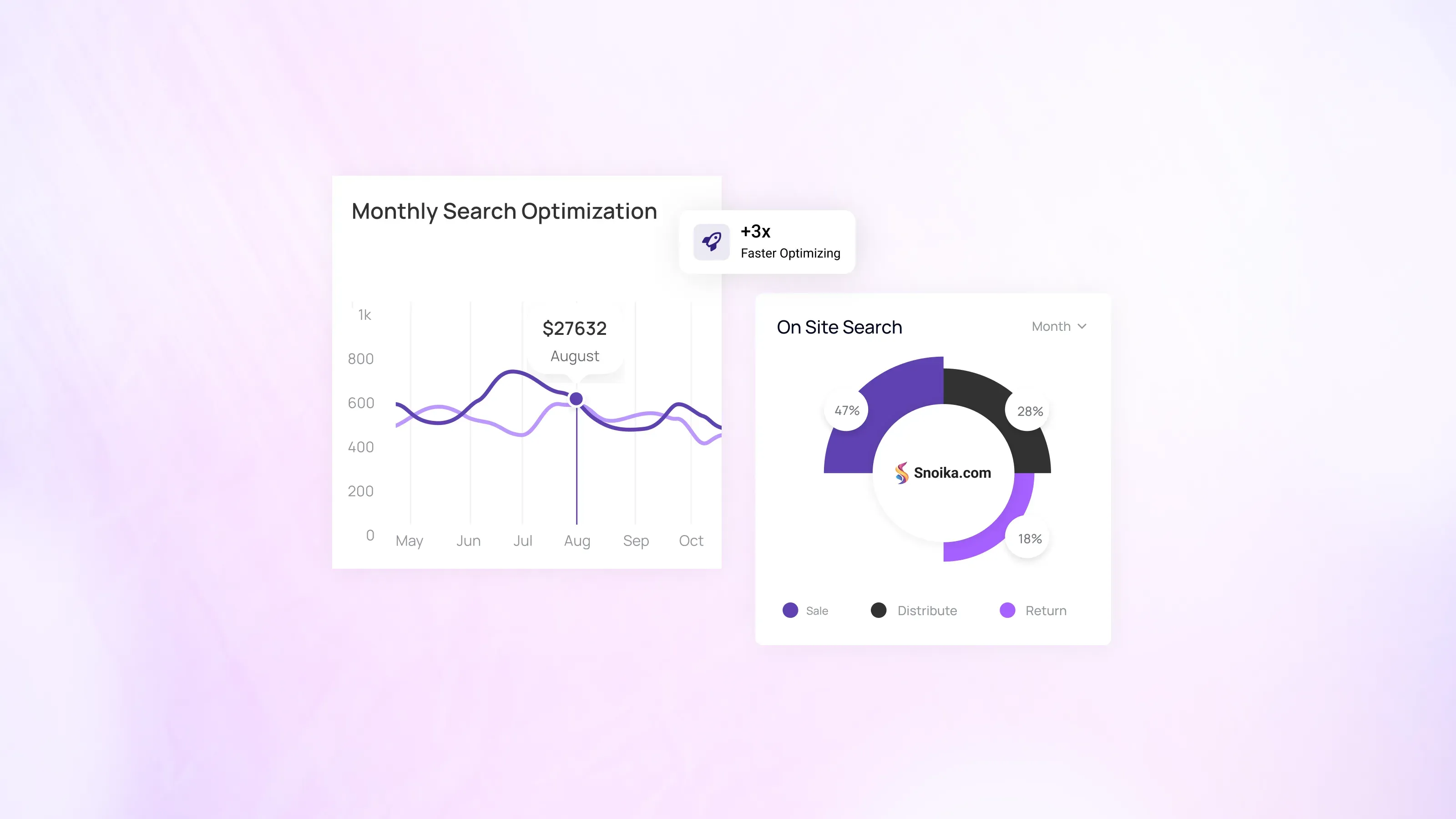 SEO performance dashboard with monthly search optimization and on-site search analytics by Snoika.