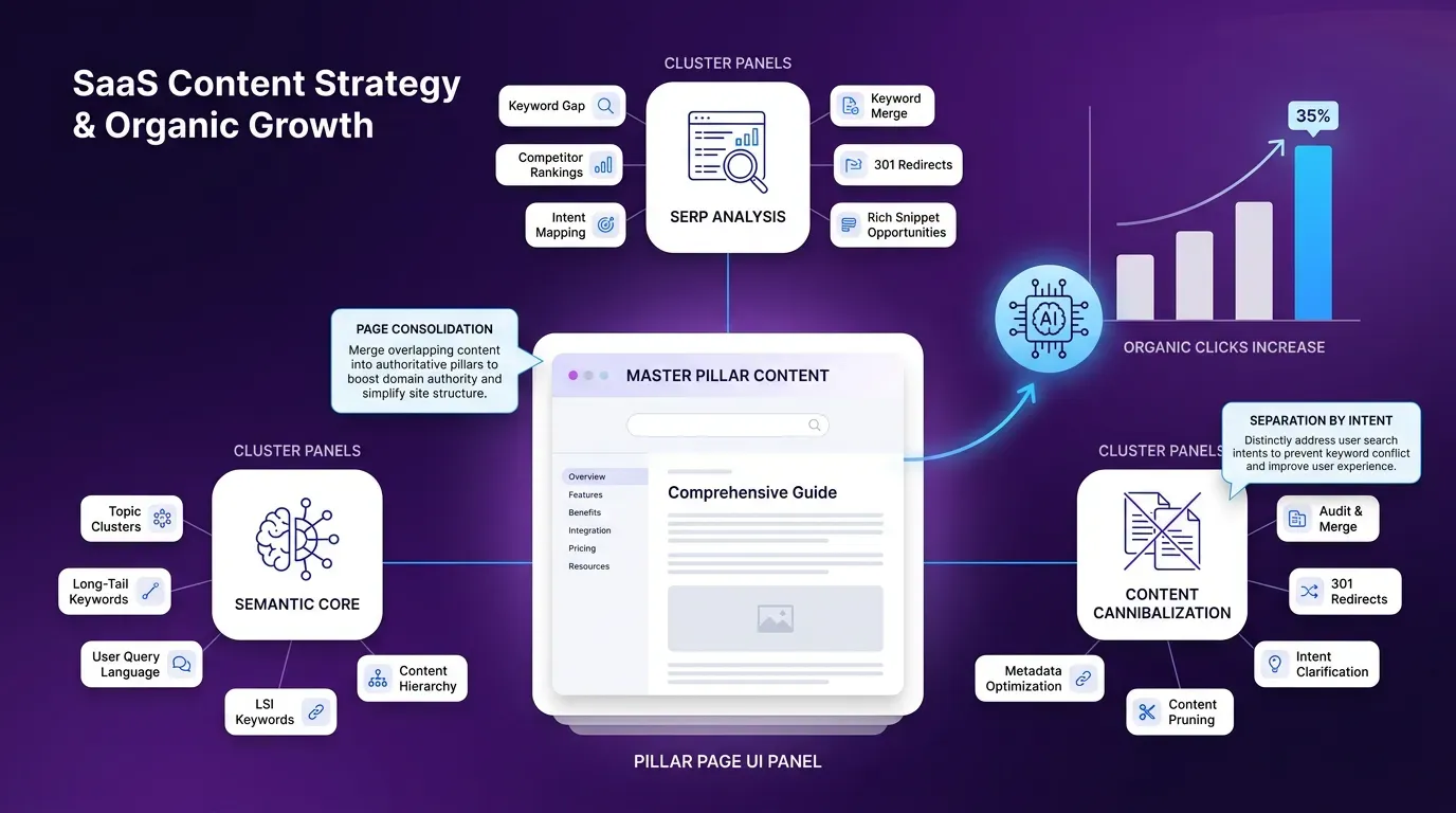 Sleek SaaS infographic featuring a central white UI panel over a deep purple gradient, with rounded cluster panels and minimalist icons.